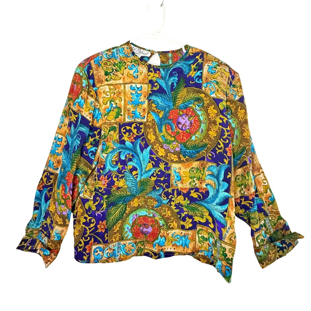 Vintage Bob Mackie Silk Blouse Petite S Purple Gold Baroque Maximalist Art Top